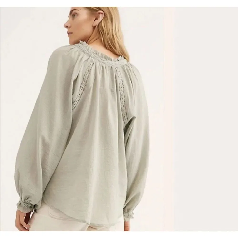 Free People Women's Sivan Embroidered Blouse Moss Green Long Sleeve Size XS - Picture 3 of 12
